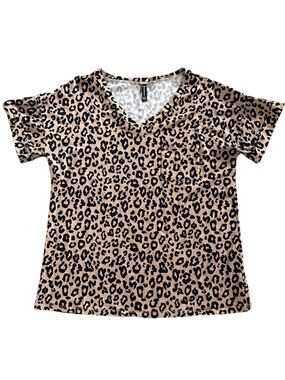 Leopard Print V-Neck Pocket Tee - Beige/Black with Stretch Size XL